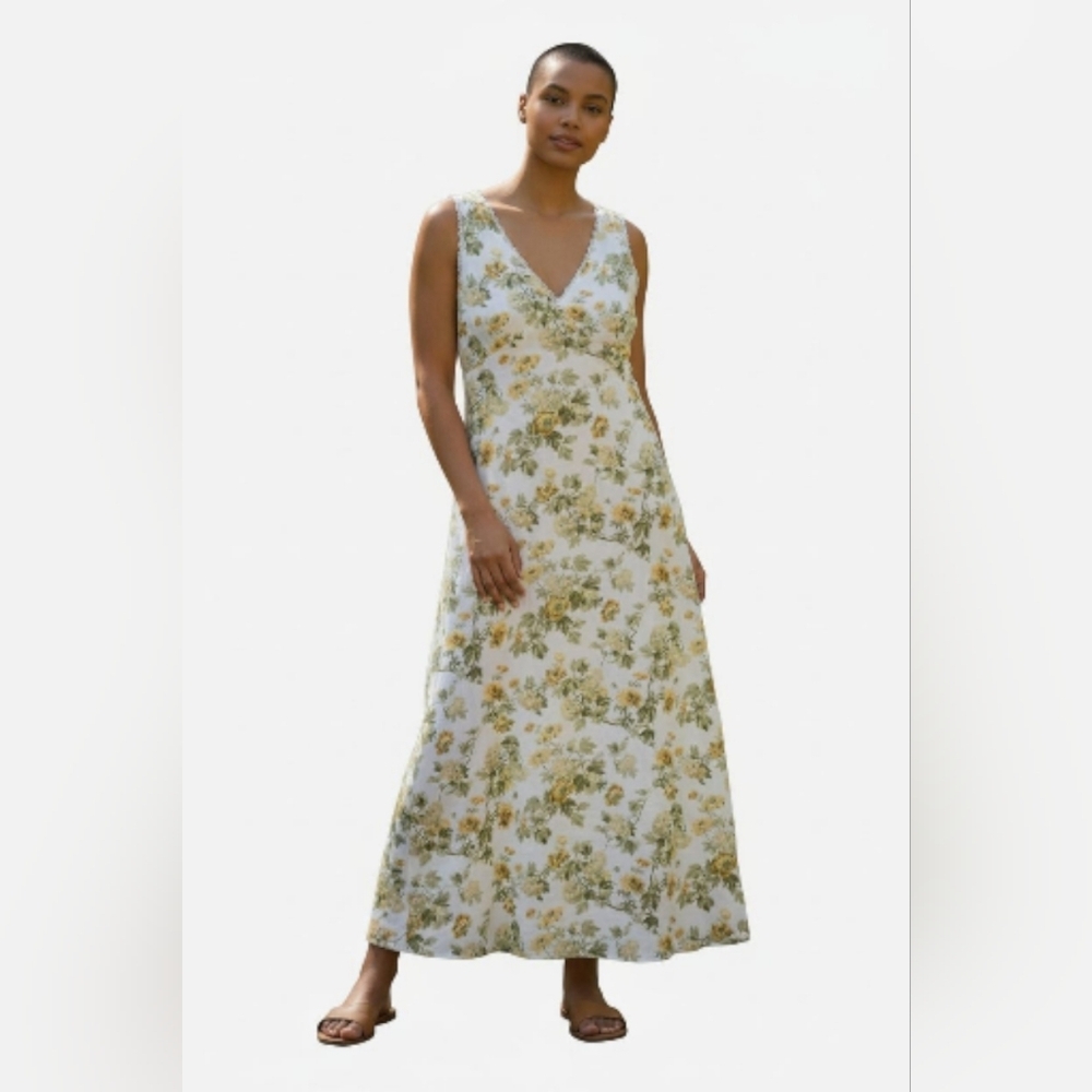 Laura Ashley Linen V neck Floral Sleeveless Midi  Dress